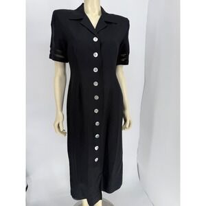 Vintage 90s Jessica Howard Linen Rayon Black Midi Dress Shell Buttons USA 10
